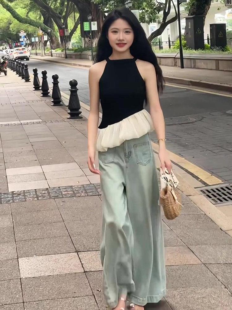 홀터넥 블라우스 쉬폰 프릴 오프숄더 셔링 레이스 민소매 나시 뷔스티에 - 상세 이미지 5