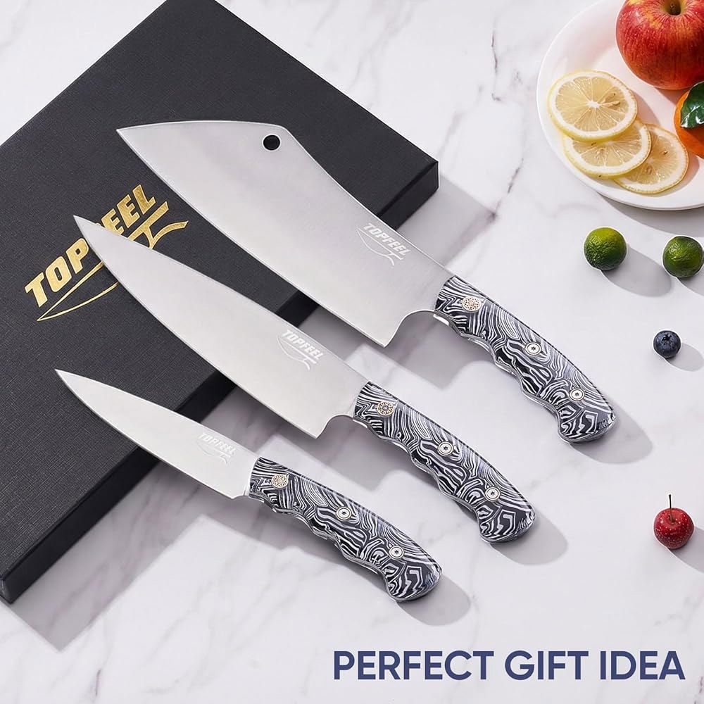 탑필 3PCS 프로페셔널 셰프 나이프 세트, 울트라 샤프 일본식 주방 나이프, 독일 고탄소 스테인리스 스틸 8인치 미트 클리버 5인치 유틸리티 선물 상자 포함 - 상세 이미지 2