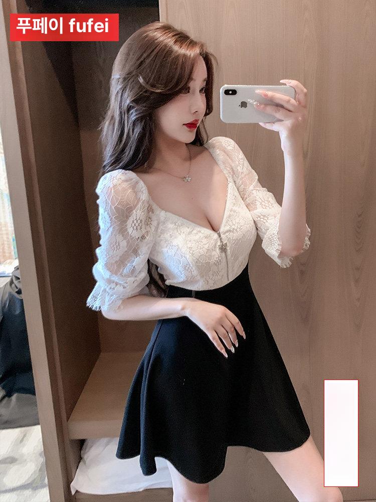 빅사이즈 홀복 딥브이넥 시스루 레이스 반팔 벨소매 - 상세 이미지 2