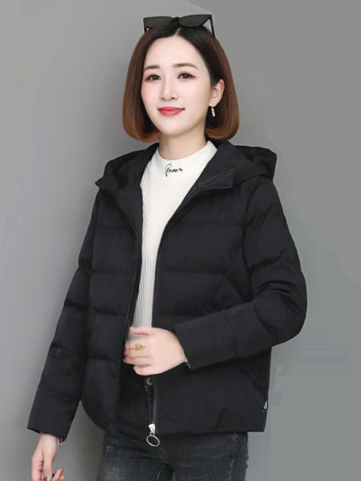 후드 무지 다운코트 여성용 긴팔 경량패딩 외투 상의 - 상세 이미지 3