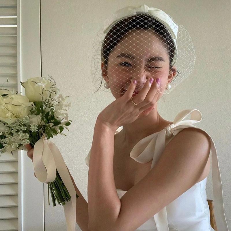 웨딩 페이스 망사 베일 사진 신부 머리띠 스냅촬영 리본 메쉬 헤어밴드 - 상품 이미지