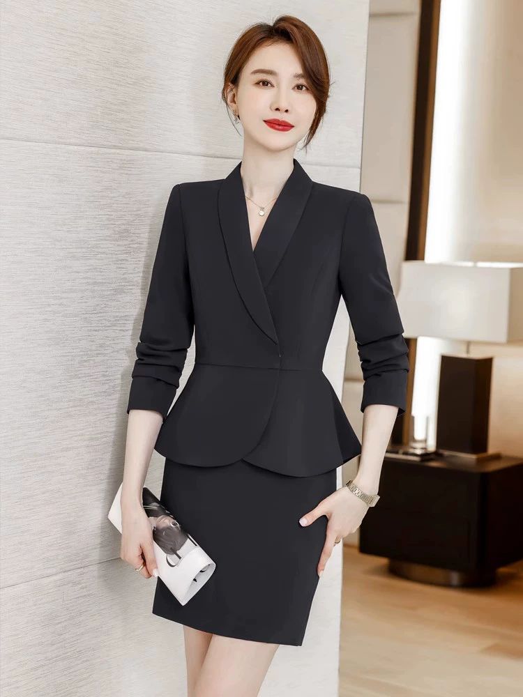 슬림핏 긴팔 정장세트 여자 상의 봄가을 오피스룩 스커트 셔츠 칼라 카라 브이넥 - 상세 이미지 3