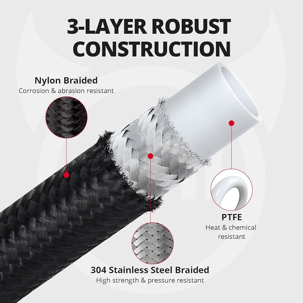 이블 에너지 6AN 3/8 PTFE LS 교환 EFI 연료 라인 피팅 키트, E85 나일론 땋은 호스 25FT Black - 상세 이미지 3