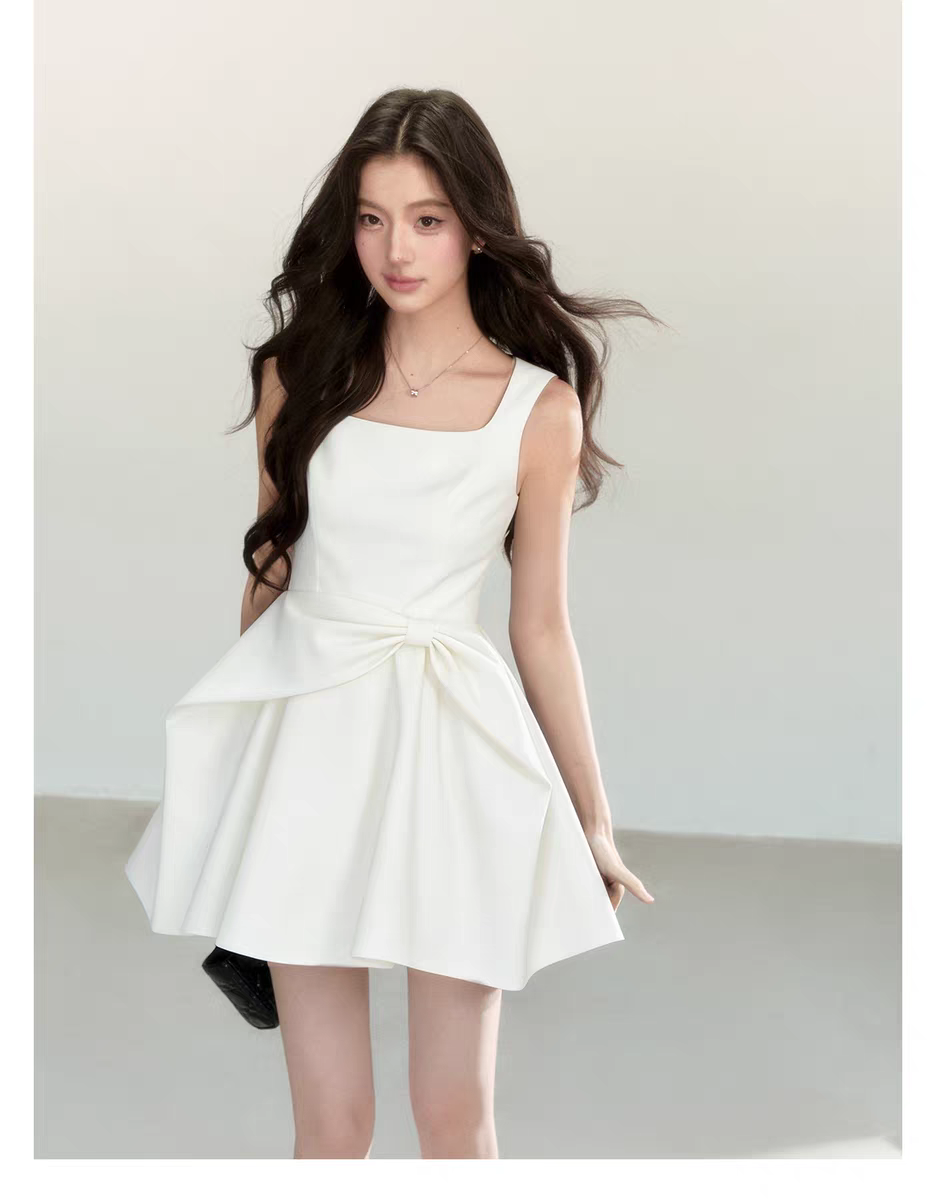미니 웨딩드레스 졸업 드레스 리본 원피스 블랙 화이트 파티 하객룩 셀프웨딩 스냅 촬영 - 상세 이미지 4