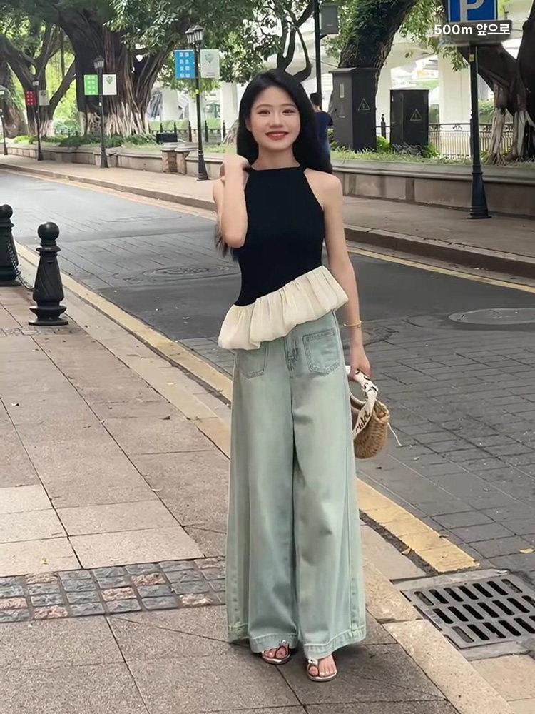 홀터넥 블라우스 쉬폰 프릴 오프숄더 셔링 레이스 민소매 나시 뷔스티에 - 상세 이미지 3