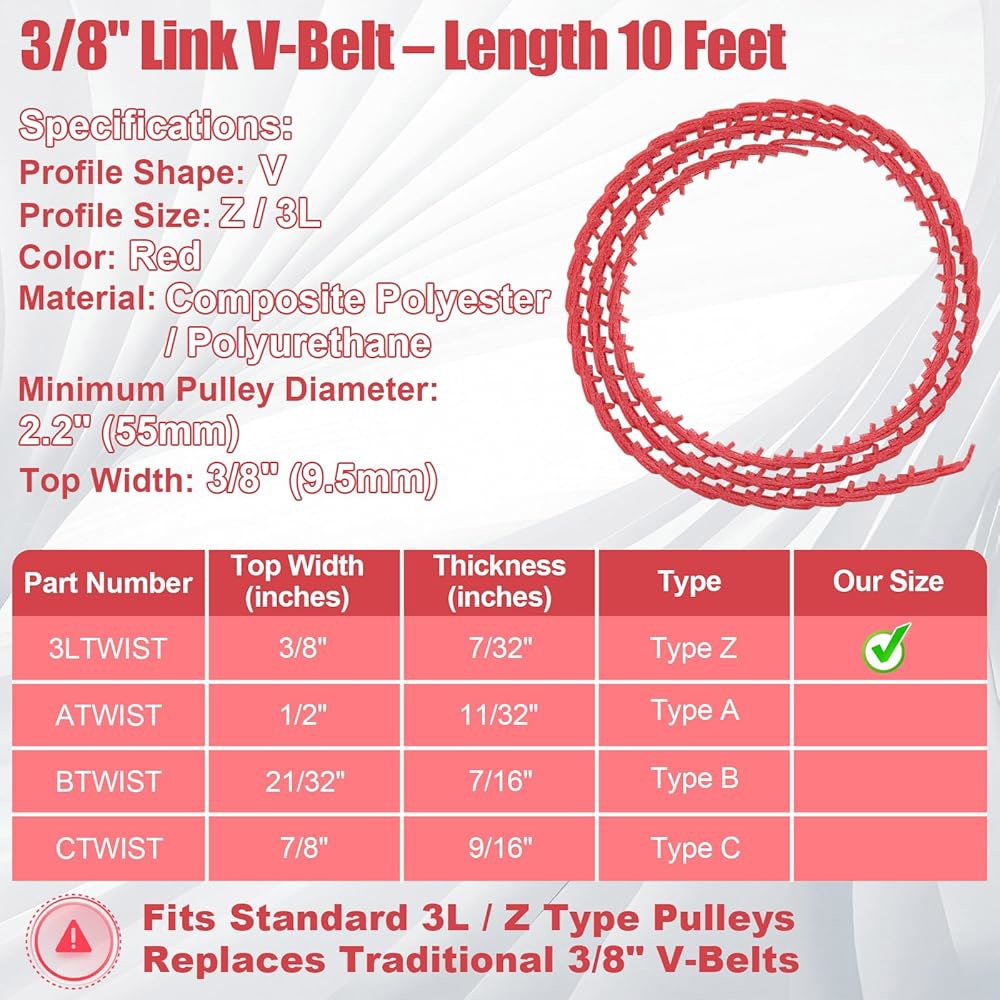10FT 3/8인치 링크 V 벨트, 파워 트위스트 v x 4피트 Z 타입, 산업용 고무 조절 가능한 드라이브 벨트 - 상세 이미지 2