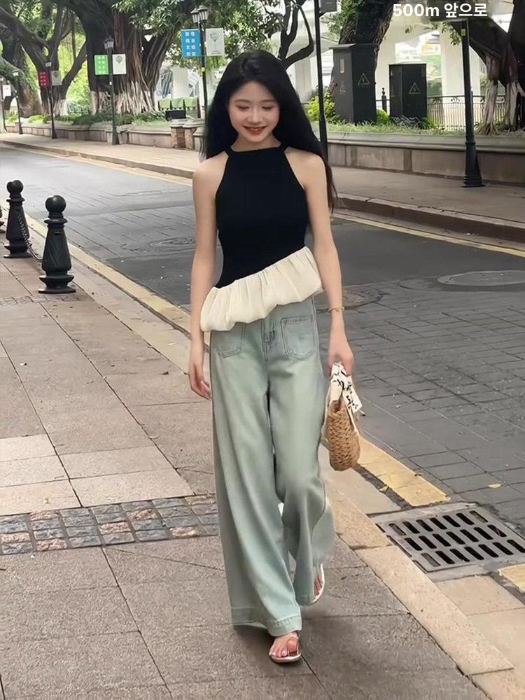 홀터넥 블라우스 쉬폰 프릴 오프숄더 셔링 레이스 민소매 나시 뷔스티에 - 상세 이미지 4