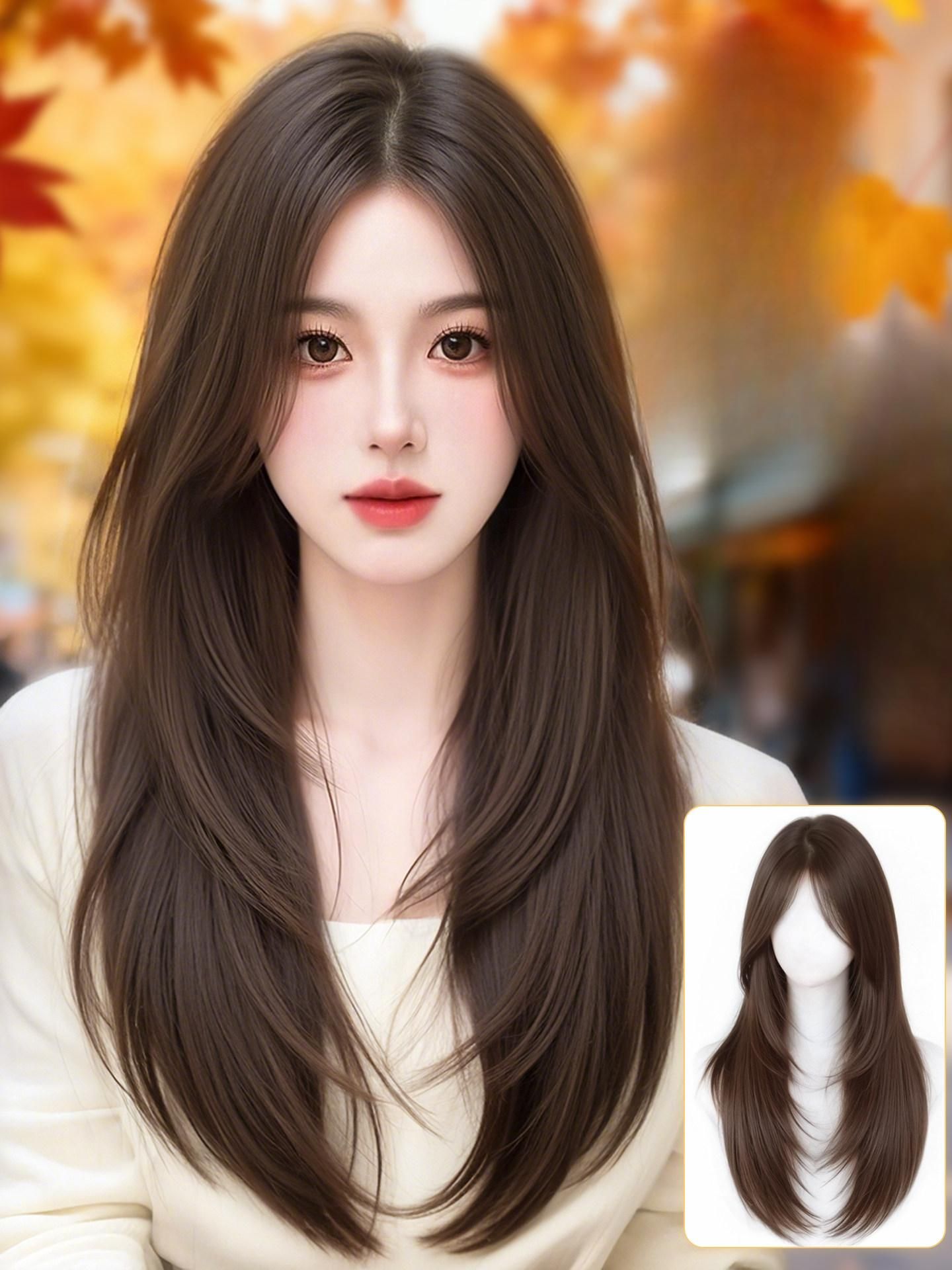 레이어드컷 부분가발 긴머리 내추럴 파마 자연스러운 웨이브 반가발 여성가발 항암 - 상품 이미지