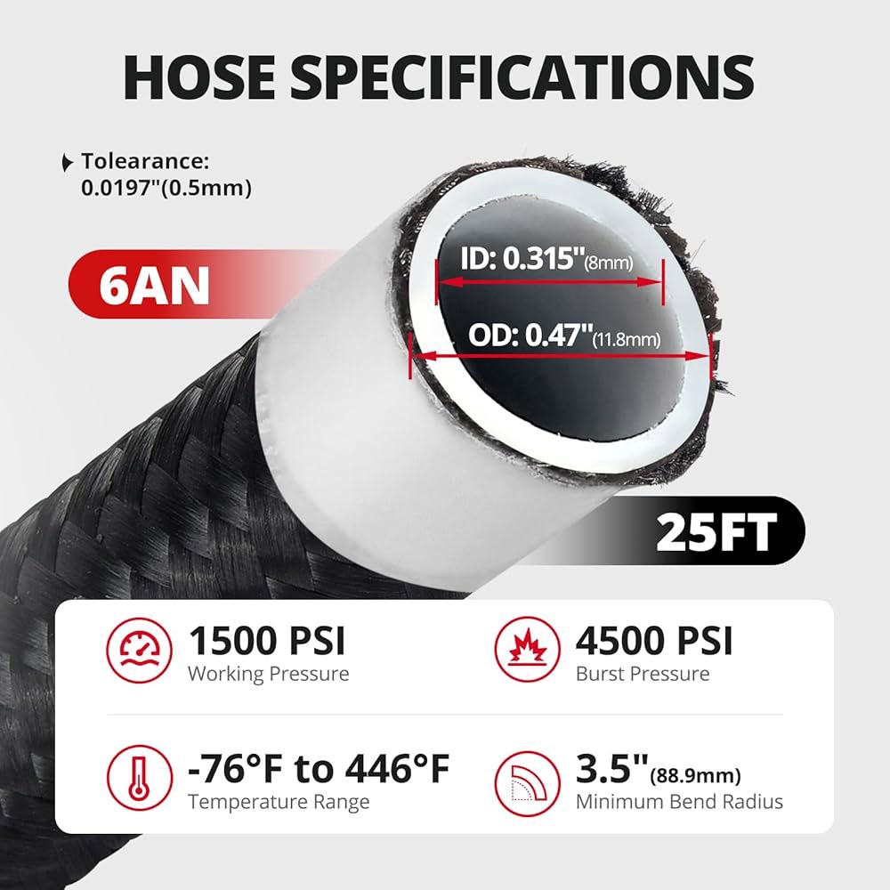 이블 에너지 6AN 3/8 PTFE LS 교환 EFI 연료 라인 피팅 키트, E85 나일론 땋은 호스 25FT Black - 상세 이미지 2