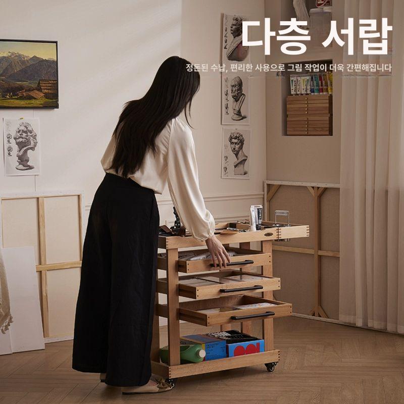 원목서랍트롤리 서랍트롤리 페인팅카트 미술작업실 전용 유화 아크릴 이동 도구트롤리 - 상세 이미지 4
