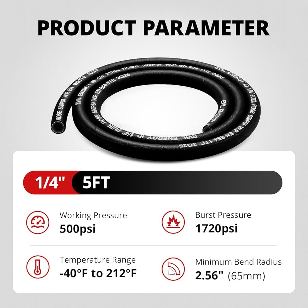 이블 에너지 1/4 고압 연료 라인 호스 5FT 500PSI E85 시스템 엔진용 NBR 고무 EN854-1TE 블랙 1/4 5FT Black - 상세 이미지 3