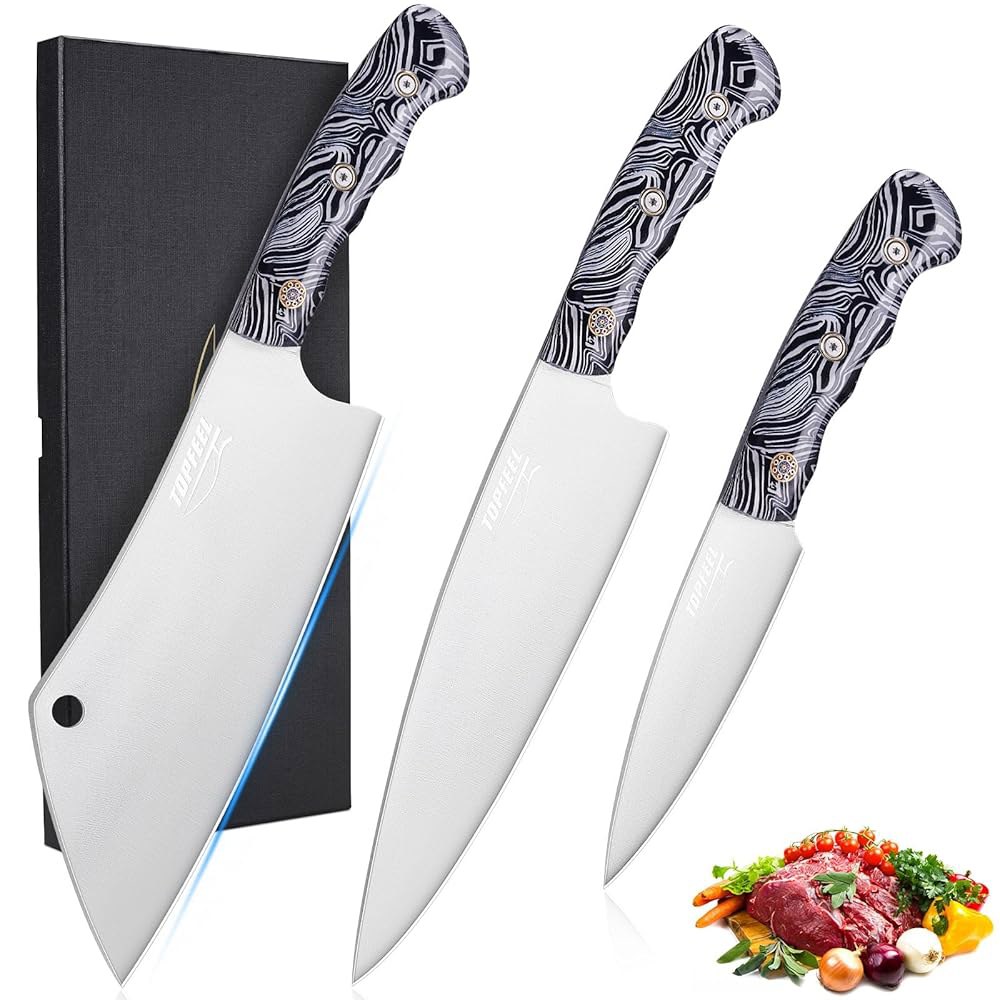 탑필 3PCS 프로페셔널 셰프 나이프 세트, 울트라 샤프 일본식 주방 나이프, 독일 고탄소 스테인리스 스틸 8인치 미트 클리버 5인치 유틸리티 선물 상자 포함 - 상품 이미지
