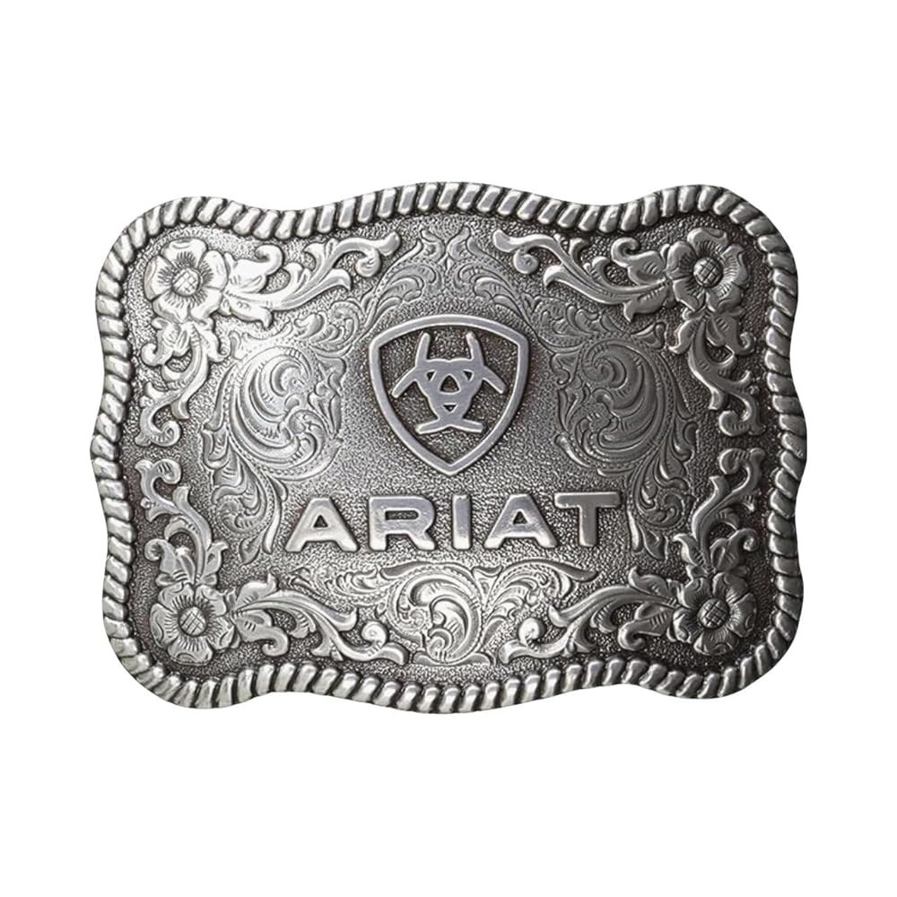 꼬인 로프 가장자리가 있는 ARIAT 스캘럽 로고 버클, 플로럴 스크롤, 필리그리 디테일, 3 x 2 Silver One Size - 상품 이미지
