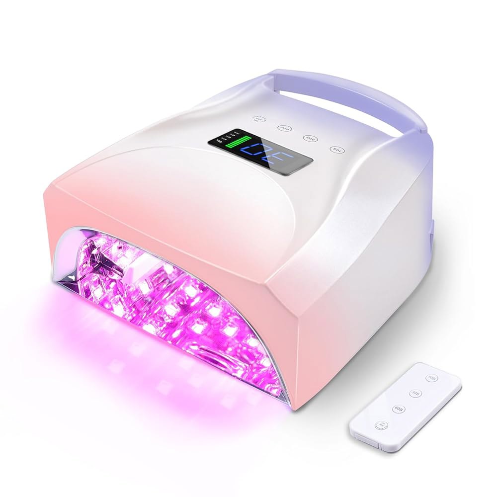 BIDUO 96W 무선 UV LED 비즈 센서 건조 52개의 타이머 리모컨으로 라이트 매니큐어 네일 4가지 빠른 페리윙클에서 젤 페디큐어용 자동 그라데이션 충전식 핑크 및 설정 - 상품 이미지