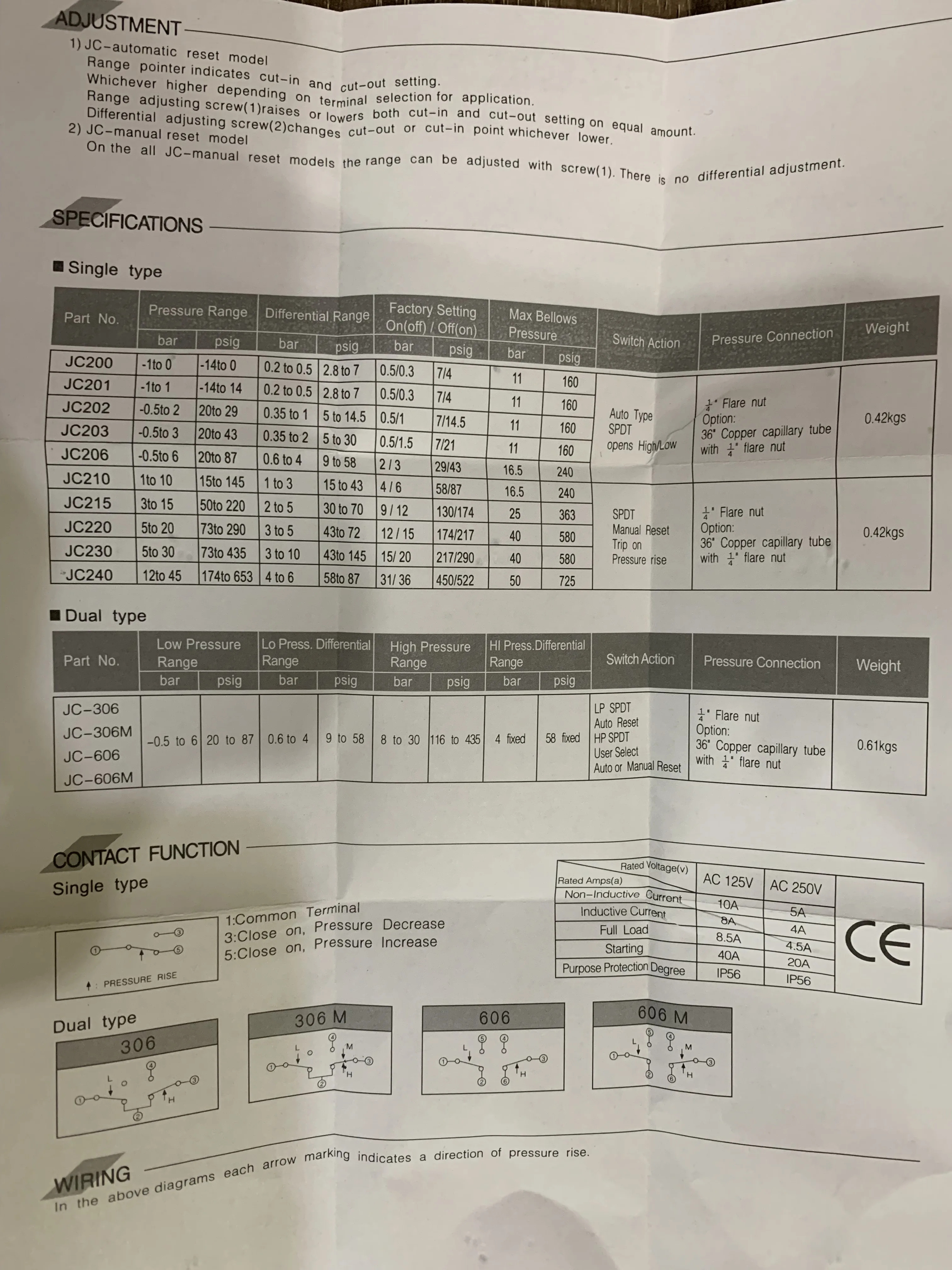 3s 압력 스위치 단일 전기 컨트롤러 JC-220 고전압 저전압 보호 신