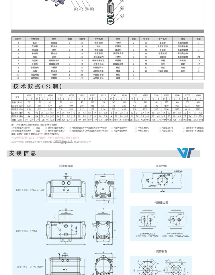 V-TORK 이작동 공압 헤드 VT 액추에이터 VT032D 050D 065D 075