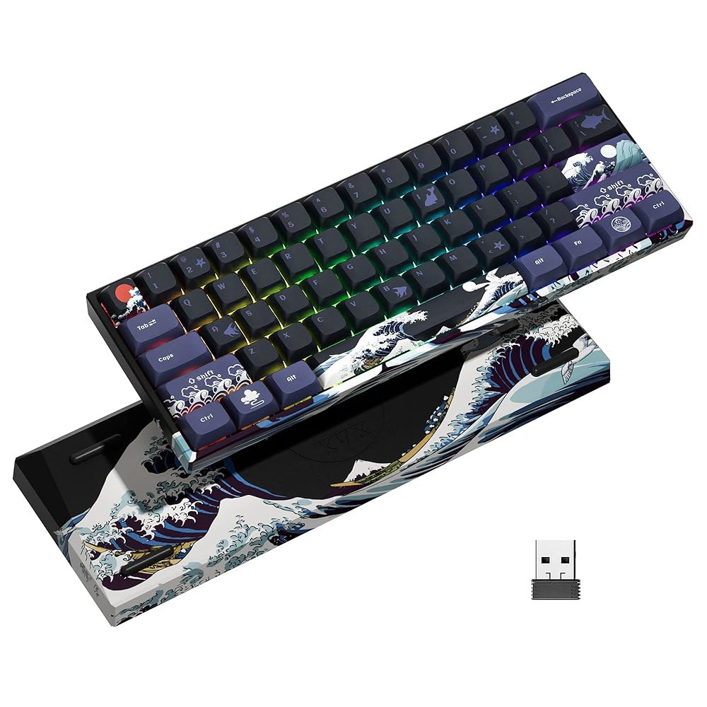 XVX 60 게이밍 키보드, RGB 3가지 게이머 무선 선형 미니 및 모드 오프 맥용(그레이트 스위치 윈도우 사전 가능 기계식 M61 핫 스왑 웨이브 윤활 가나가와), Pro 포함 - 상품 이미지