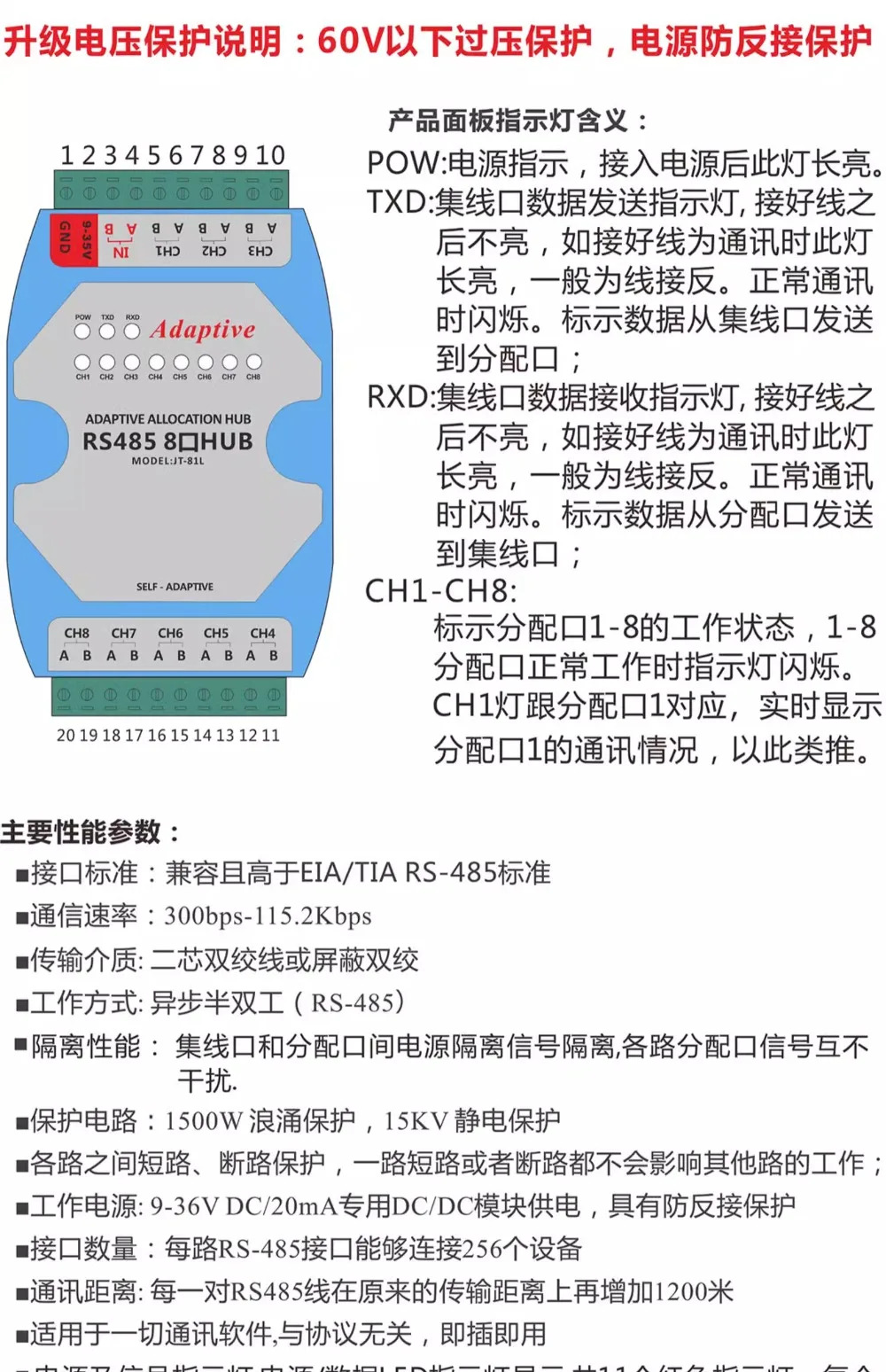 보호 강화 485 스플리터 8 포트 허브 8채널 RS485 방향 1 입력 광전 절연
