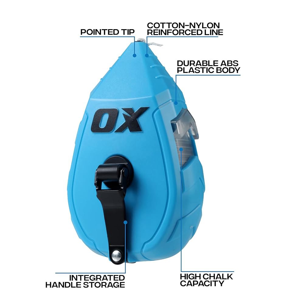 OX 프로 컨트랙터 초크 라인 100피트 코튼 나일론 볼드 라인, 뾰족한 팁과 ABS 플라스틱 본체 - 1 1 기어비 박스 프로페셔널 등급 릴 도구 OX-T630502 - 상세 이미지 3