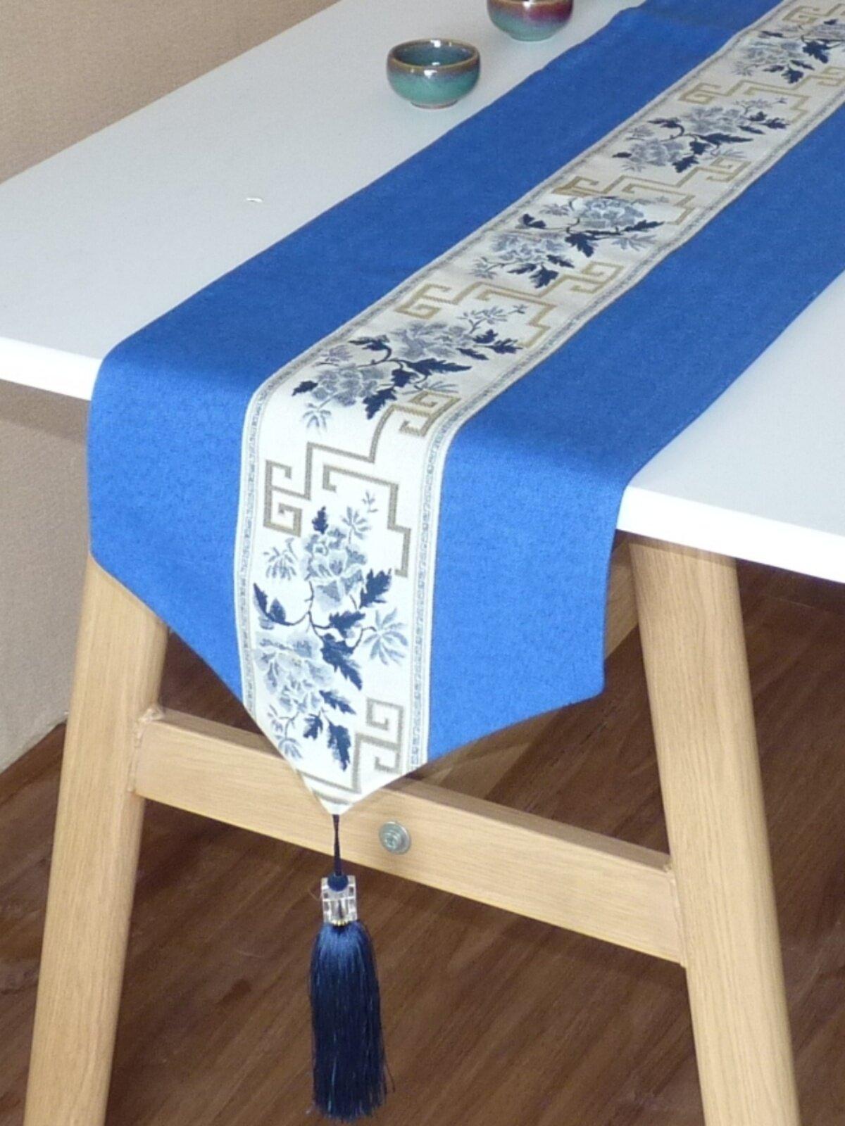 테이블러너 중국 스타일 린넨 클래식 덮개 커버 장식장 카키 커피 플로럴 120x32cm - 상세 이미지 3