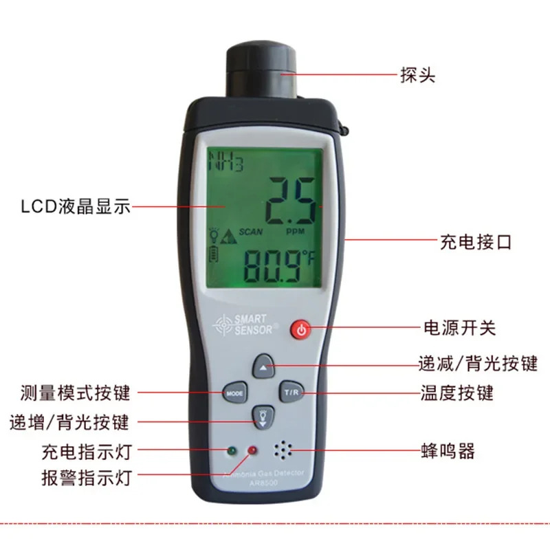 Sima 휴대암모니아 경보 검출기 NH3 농도 분석 AR8500