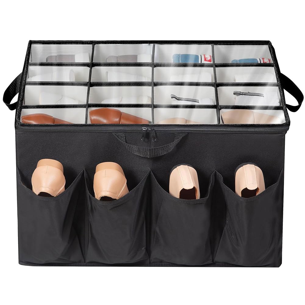 STORAGEIDEAS 옷장용 패브릭 신발 정리함, 최대 커버가 적합, 가능한 접이식 보관 상자, 블랙, 1팩 있는 24쌍까지 칸막이와 조절 투명 Grey-1Pack Medium - 상품 이미지