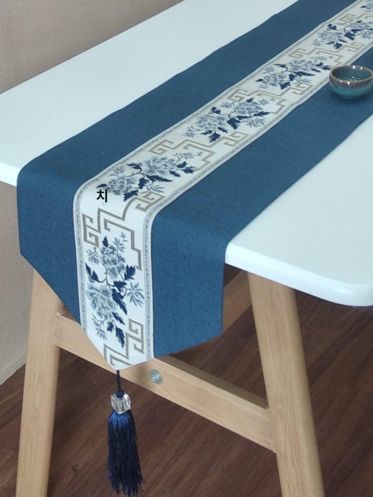 테이블러너 중국 스타일 린넨 클래식 덮개 커버 장식장 카키 커피 플로럴 120x32cm - 상품 이미지