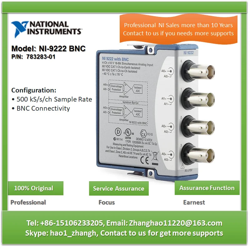 NI 9222 BNC 783283 -01 플러스 또는 마이너스 10V 500kS/s/ch 16비트 동기 입력 채널 4 C 시리즈 전압 입력모듈