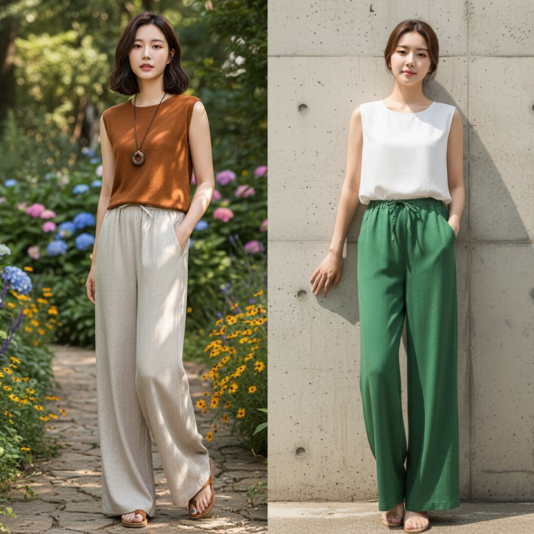도모아 여자 린넨 와이드팬츠 봄 여름 밴딩 고무줄 편한 통바지 찰랑 쿨 팬츠 - 상품 이미지