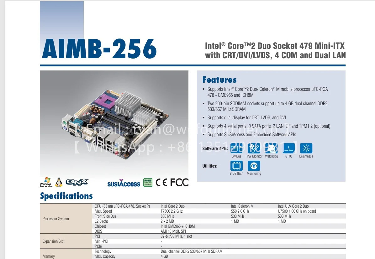 AIMB-256 AIMB-256G2코어 2 듀오 소켓 479 미니 ITX 보드CRT/DVI/LVDS 4 COM 듀얼 LAN 포함