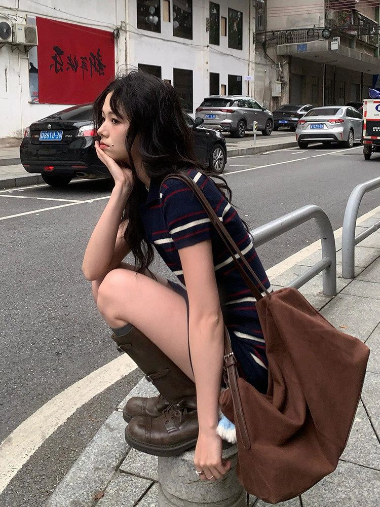스트라이프 폴로 원피스 여성 여름 카라 롱원피스 슬림핏 - 상세 이미지 3