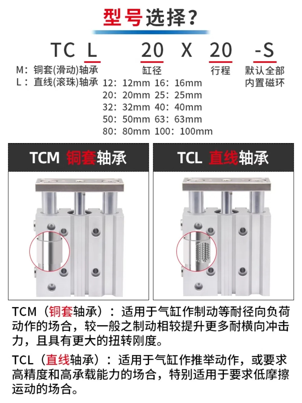 3 로드 3축 실린더 TCL12/16X20x25/32/40x50/Amp
