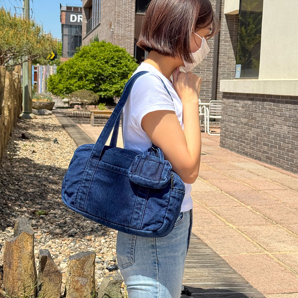 빈티지 보스턴 데님 숄더백 여성 캐주얼 진블루 연블루 청숄더백 가방+미니파우치 - 상세 이미지 4