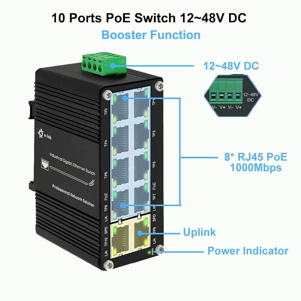 미니 산업용 10포트 기가비트 PoE+ 스위치, 포트 30W, 예산, IEEE 업링크 2개, DC 부스터 마운트 최대 PoE 레일 802.3af/at 240와트 전원 입력, 기능, - 상세 이미지 2