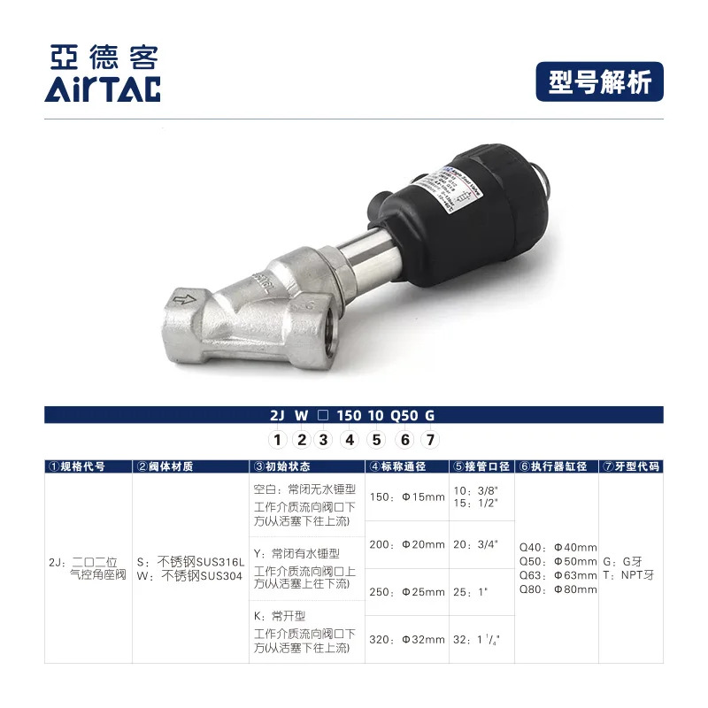 AIRTAC 제어 각도 시트 밸브 2JW15010Q50G 2JS15010Q50G