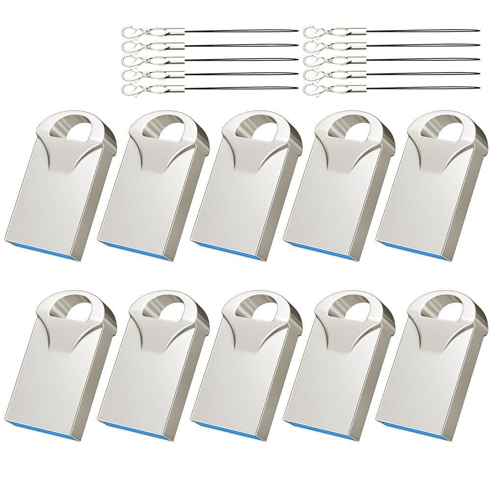 EASTBULL MIni 메탈 플래시 드라이브 벌크 썸 드라이브, 금속 2.0 소형 포함, 메모리 백업용, 및 USB 보관 점프 32GB 랜야드 10팩, 스틱, - 상품 이미지