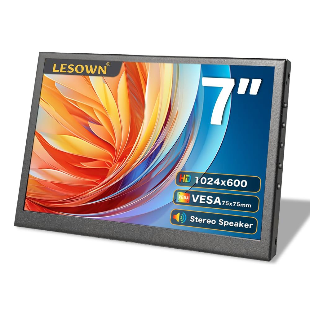 LESOWN 7인치 미니 모니터 HDMI LCD 소형 IPS 디스플레이 휴대용 스크린 보조 노트북 1024x600 스피커 포함 온도 케이스 윈도우용 PC - 상품 이미지