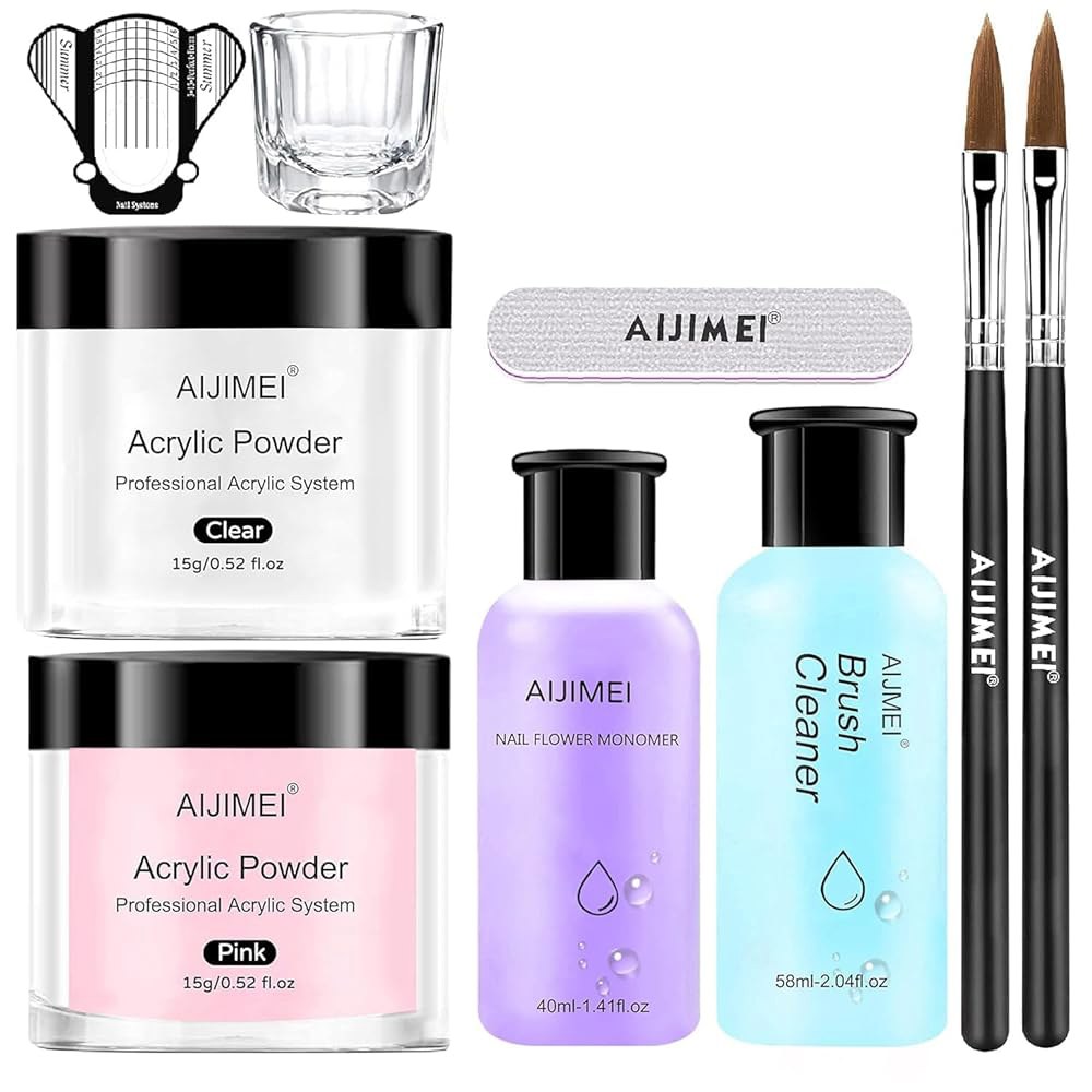 AIJIMEI 전문 아크릴 네일 키트, 폼, 액체 (A07) 파우더, 대펜 접시, 유리 핑크, 화이트, 모노머, 투명, 브러시, 파일 1pcs - 상품 이미지