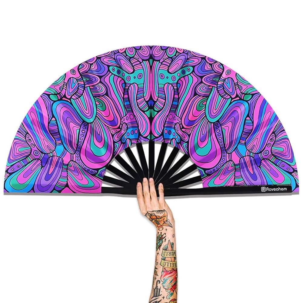 Raveahem 대형 접이식 팬, 33cm(13인치) 클랙 원단, 팬 프레임 댄스, 미로) 장식, (사이케 EDM, 대나무 레이브 프리미엄 파티, 선풍기, 축제, 새틴 두꺼운 선물 - 상품 이미지