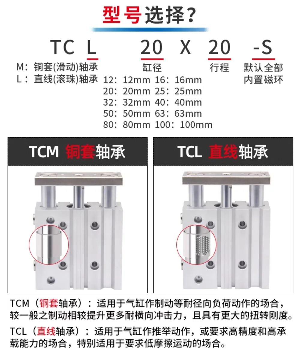 3 로드 3축 실린더 TCL12/16X20x25/32/40x50/Amp
