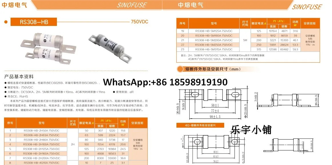 중용융 퓨즈 RS308 HB 2H 32 50 63 80A 100 125 160 200A 750VDC