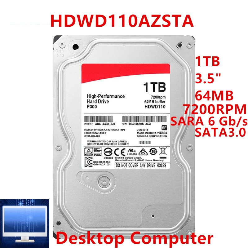 도시바호환오리지널 HDD 데스크탑 하드 드라이브 HDWD110 1TB 3.5 인치 PMR SATA 6 Gb/s 64MB 7200RPM 신