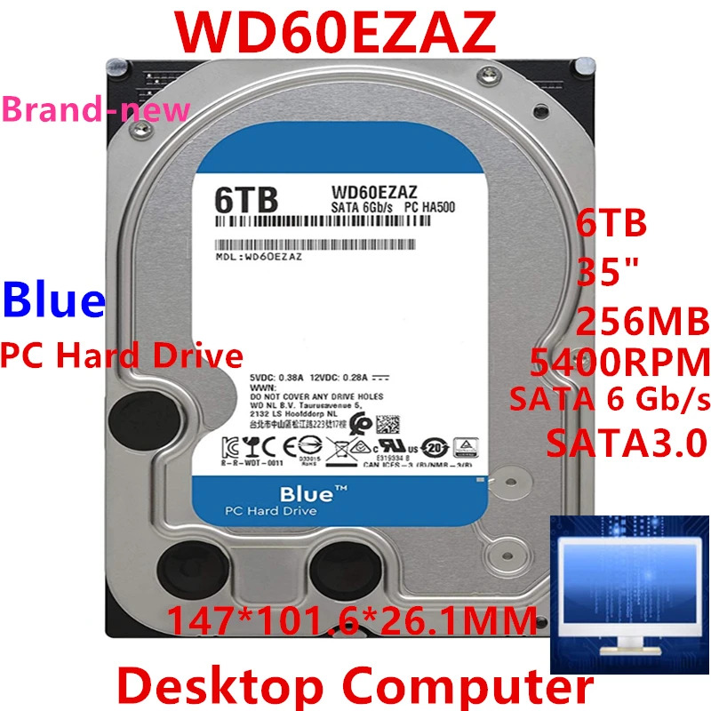 데스크탑 하드 드라이브 WD60EZAZWD Blue 6TB 3.5 SATA 6 Gb/s 256MB 5400RPM새 원본