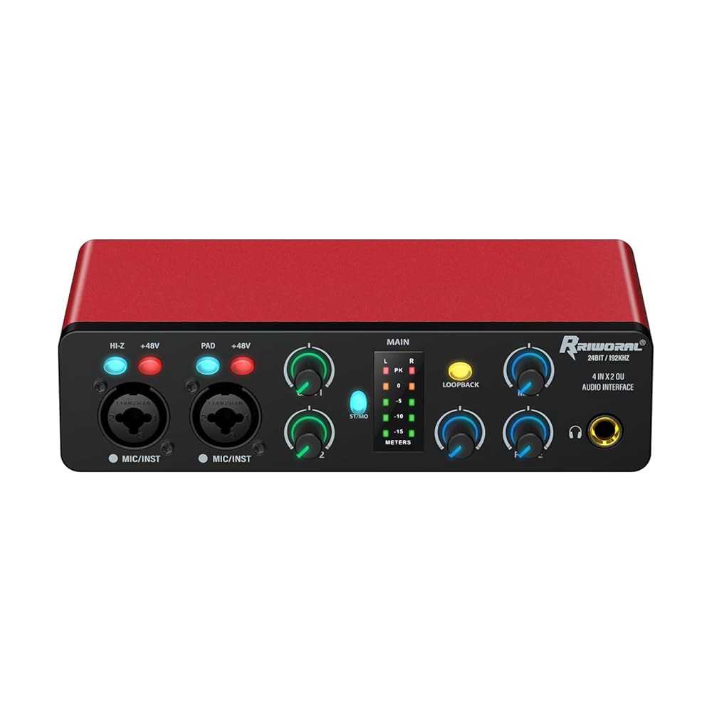 USB 오디오 인터페이스, 48V 팬텀 파워 24비트 /192kHz, 듀얼 TS /XLR 입력 플러그 앤 플레이로 녹음, 팟캐스트, 스트리밍, 기타, 보컬리스트를 위한 4-In - 상품 이미지