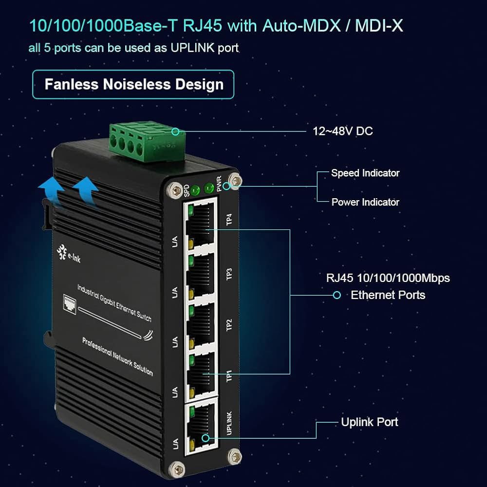 산업용 5 포트 기가비트 스위치 강화 마운트 10/100/1000Mbps 스위칭 포함 레일 10Gbps 딘 이더넷 RJ45 167 F) 용량 ~ 벽 (-40 - 상세 이미지 2