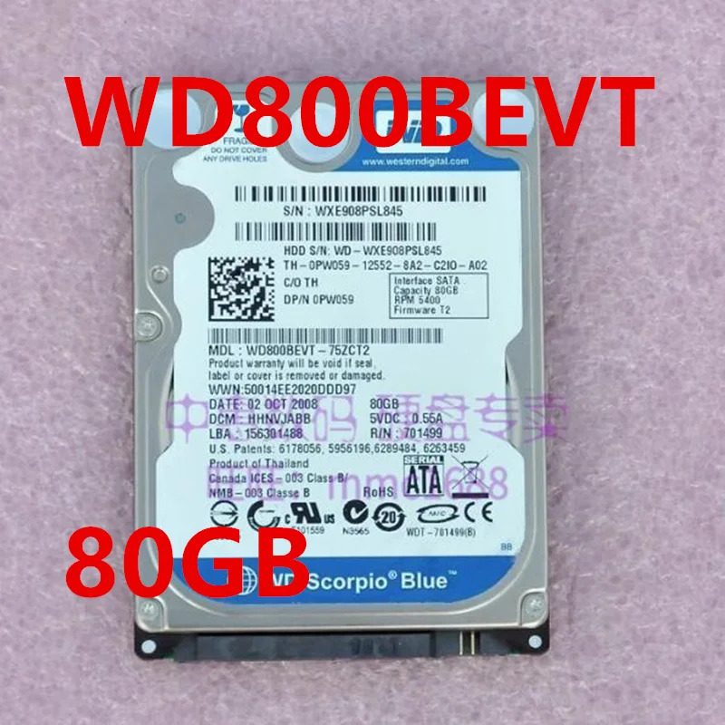 오리지널 거하드 WD 80GB SATA 2.5 인치 5400RPM 8MB 노트북 HDD WD800BEVT 2060-701499-000