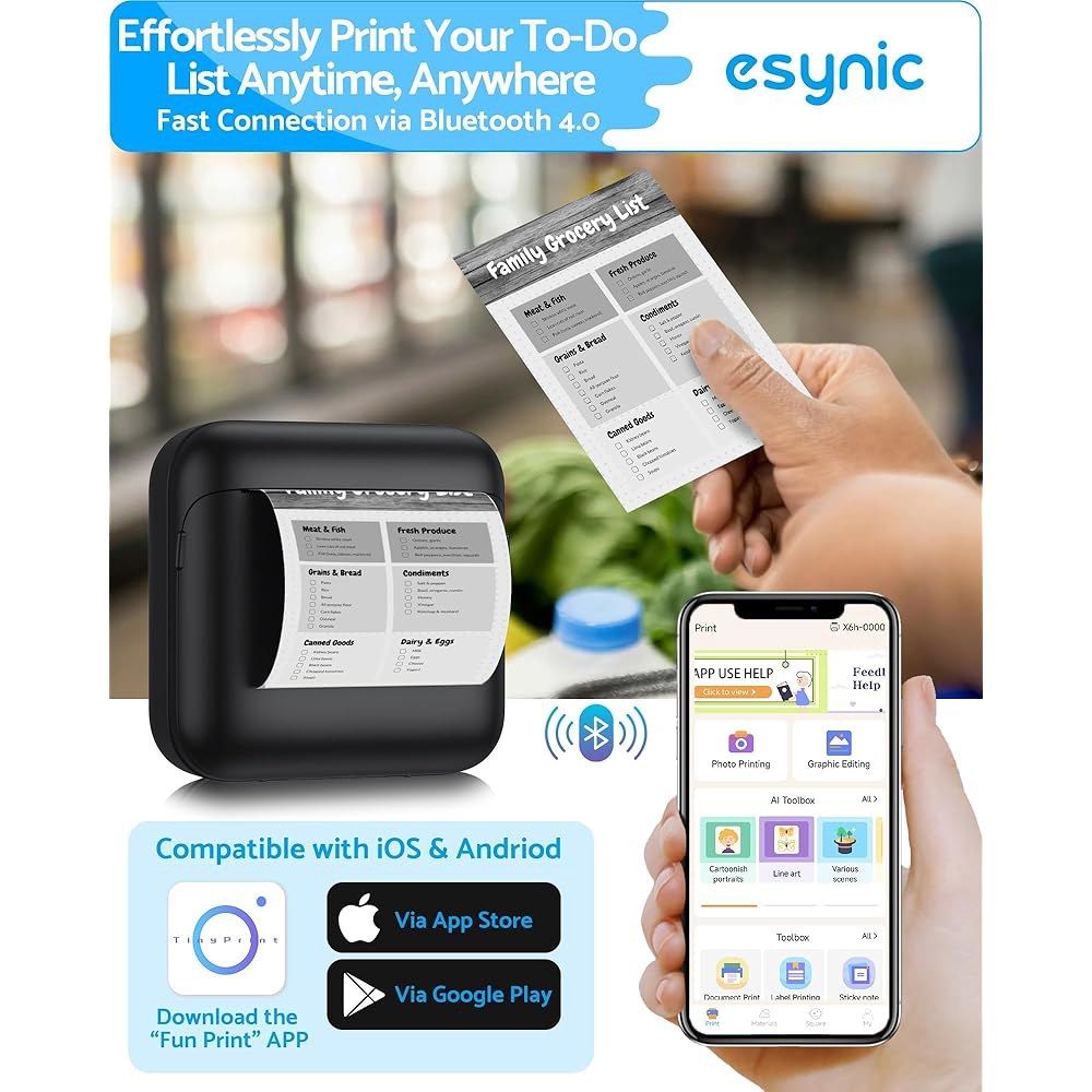 eSynic 휴대용 미니 스티커 프린터-1200mAh 충전식 및 인쇄-쉬운 프린터-Lnkless 6개 설치-5롤 배터리-블루투스 컬러 노트용 5장-DIY/사진/학습 감열지 펜 접착 - 상세 이미지 3