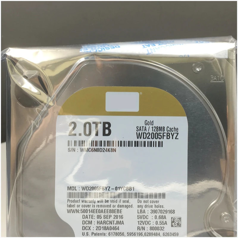 WD 새 원본 HDD Gold 2 테라바이트 3.5 SATA 6 기가 바이트호환/초 128MB 7200RPM WD2005FBYZ 엔터프라이즈 내부 용