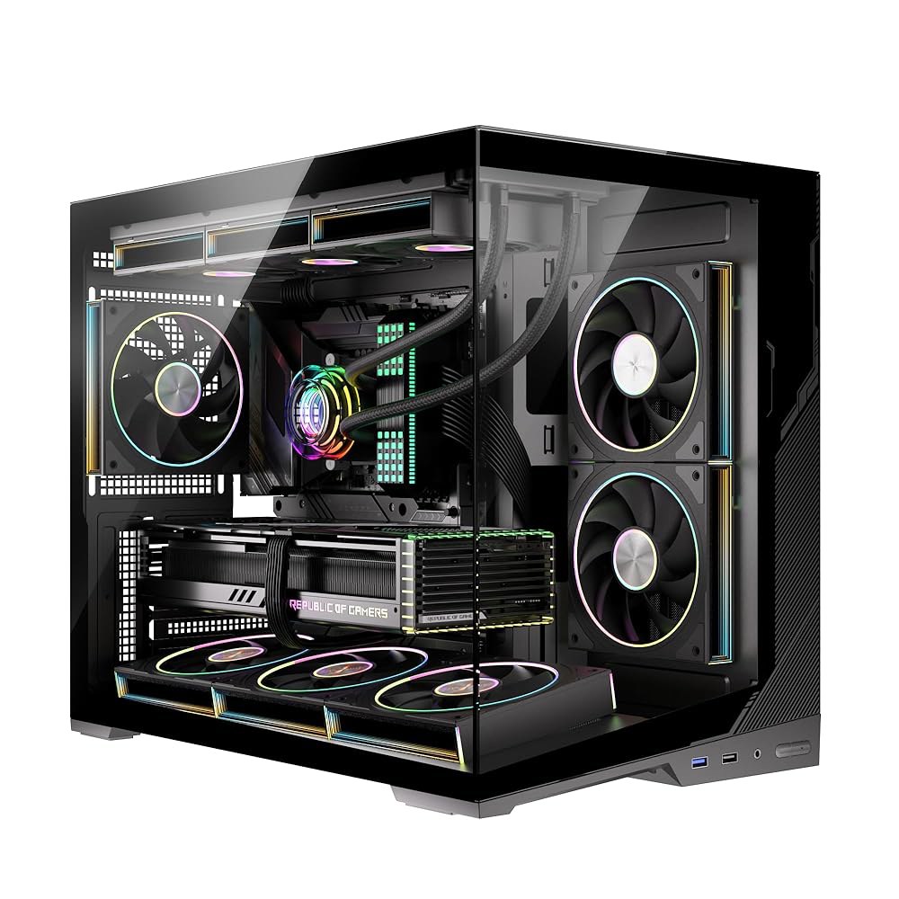 ESGAMING M-ATX 미니 타워 PC 케이스 270 팬 지원, 뷰 없는 풀 360MM 유리 - 8 게이밍 제로 비스듬한 강화 RAD 블랙 베이스, Black - 상품 이미지