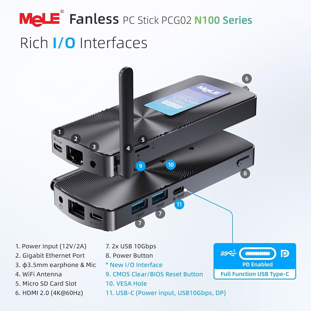 MeLE 미니 PC 스틱 컴퓨터 8GB 셀러론 eMMC 128GB 4K HDMI 쿼드 BT4.2 듀얼 밴드 10 DDR WiFi 코어 윈도우 프로세서 USB3.0. 2.4G/5.0 - 상세 이미지 2
